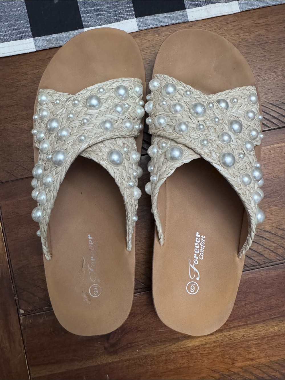 Women's Pearl-Embellished Tan Slide Sandals